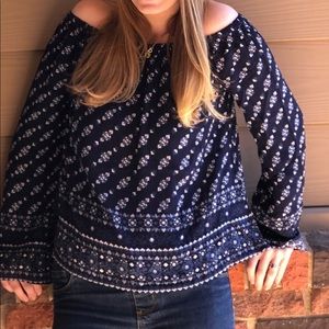 Navy Print Off The Shoulder Blouse